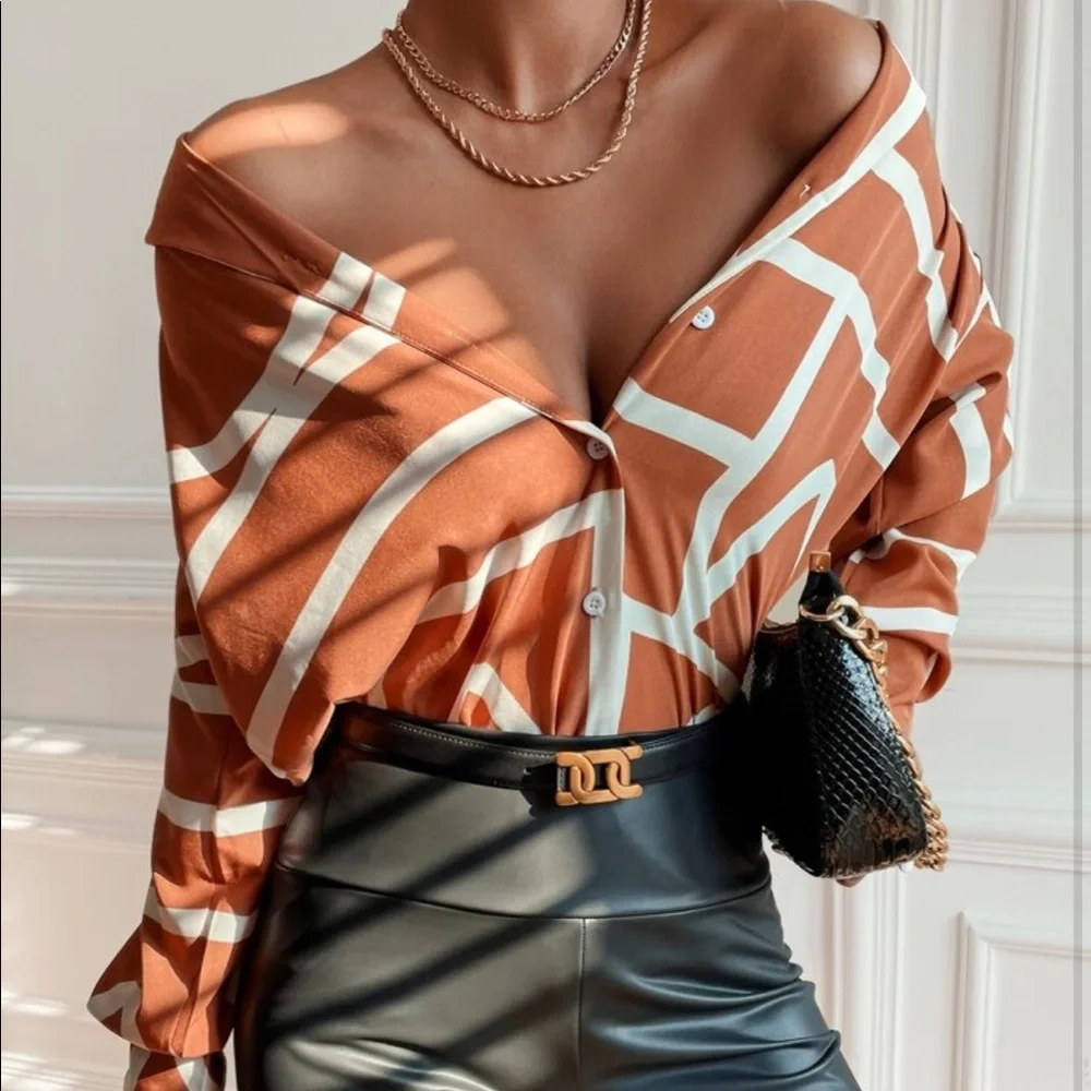 Elegant Abstract Geo Loose Relaxed Fit Print Button Down Shirt - Picture 2 of 16